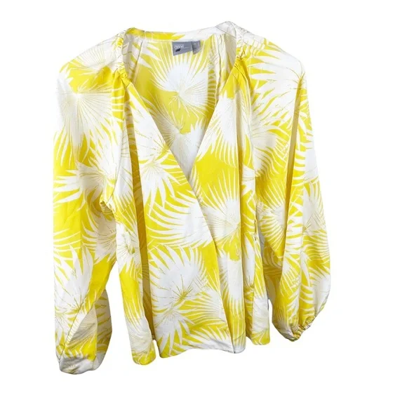ASOS Yellow Palm Print Plunge Kimono Top V Neck Wrap Puffy Sleeve Blouse Size 2 - Picture 8 of 11